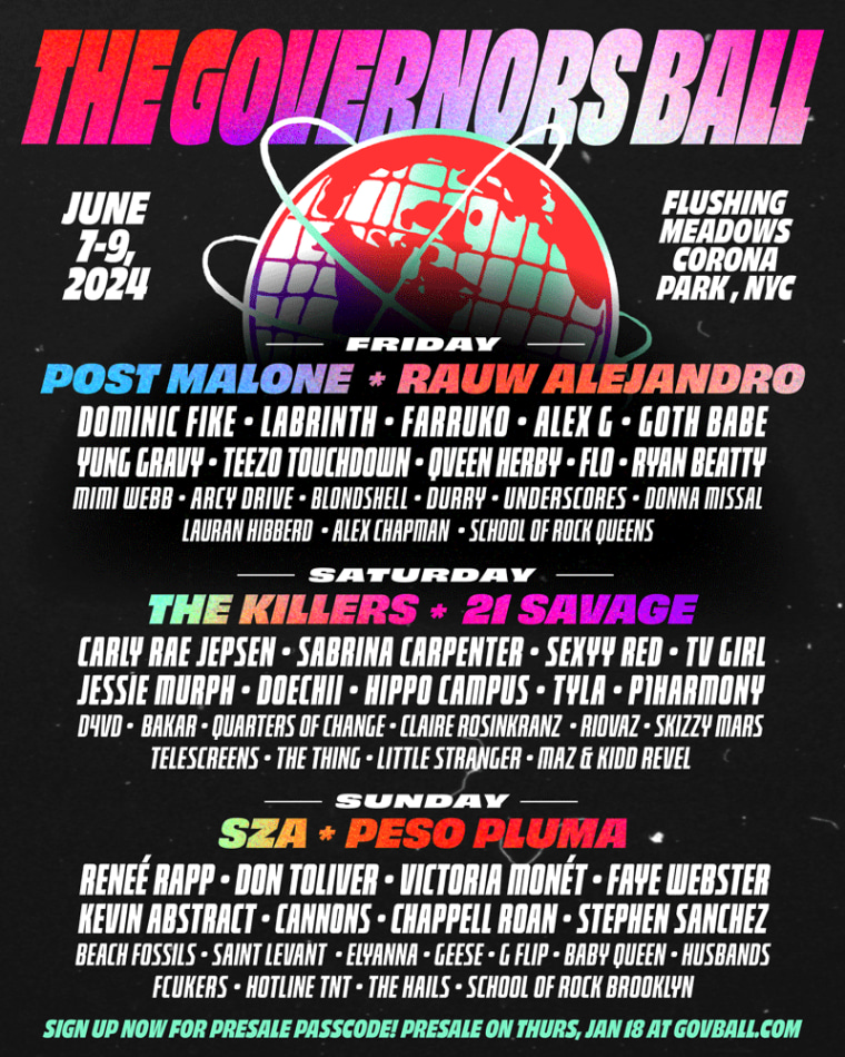 Governors Ball shares 2024 lineup featuring headliners Post Malone, The Killers, and SZA