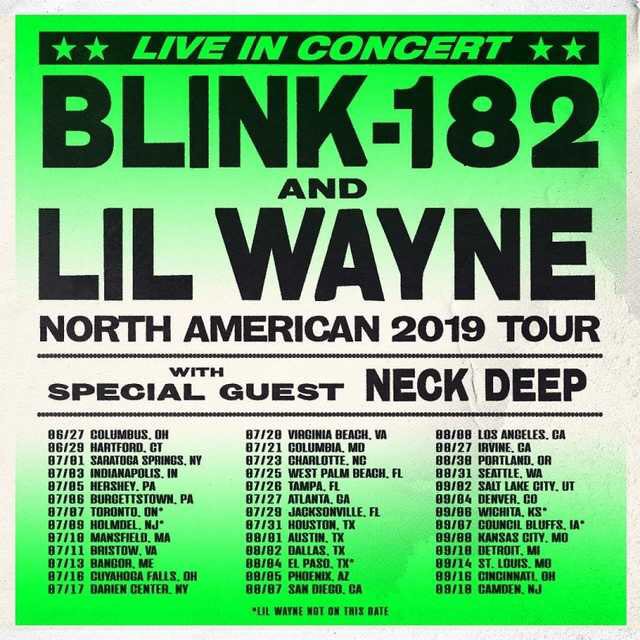 Lil Wayne和Blink-182宣布联合巡演，分享《A Milli》和《What 's My Age Again》混搭