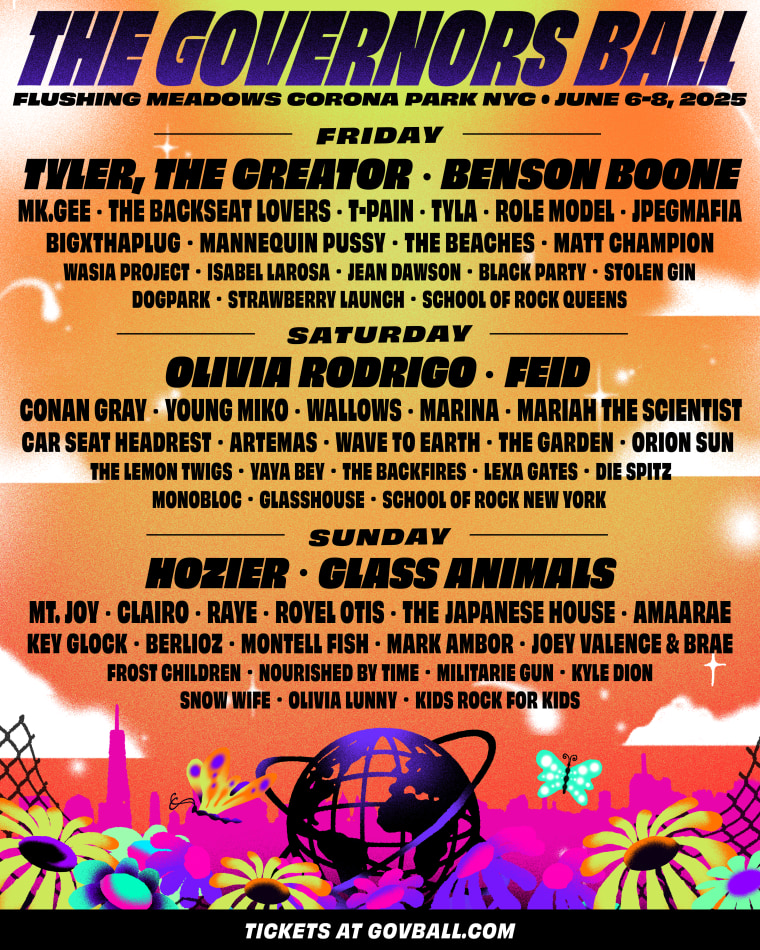 Governors Ball shares 2025 lineup featuring headliners Tyler, The Creator, Olivia Rodrigo, and more