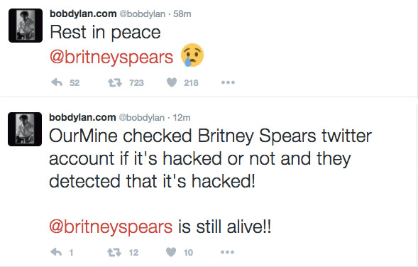 Sony Music And Bob Dylan Accounts Hacked, Falsely Tweet News Of Britney Spears’s Death