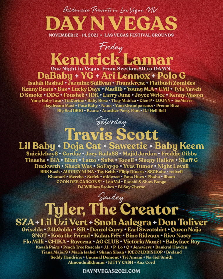 Kendrick Lamar, Travis Scott, and Tyler, The Creator will headline Day N Vegas 2021