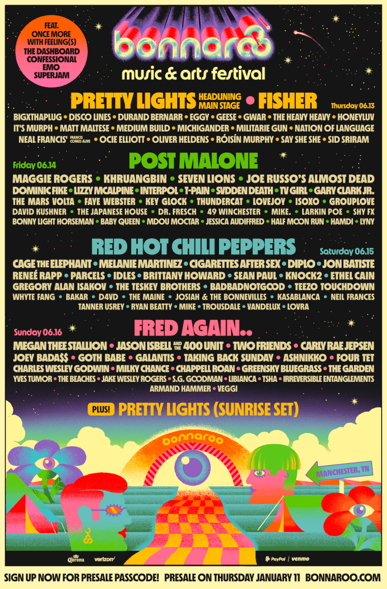 Red Hot Chili Peppers, Post Malone, Pretty Lights, and Fred again.. to