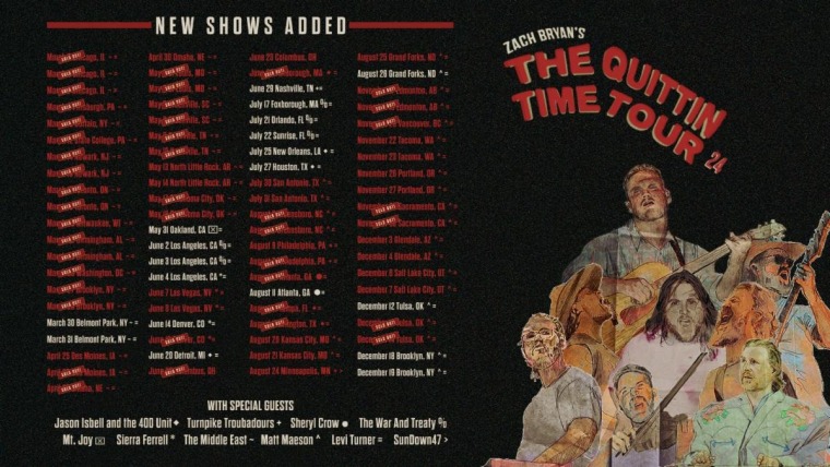 Zach Bryan adds 19 new dates to the 2024 <i>Quittin Time</i> tour